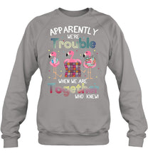 Load image into Gallery viewer, Apparently We're Trouble Pink Flamingo Quilting Together Sweatshirt