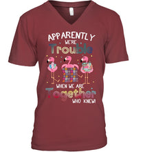 Load image into Gallery viewer, Apparently We're Trouble Pink Flamingo Quilting Together Guys V-Neck