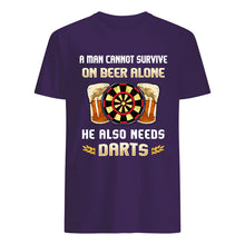 Load image into Gallery viewer, A Man Cannot Survive On Beer Alone He Also Needs Darts Trending Guys Tee