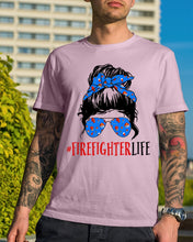 Load image into Gallery viewer, Firefighter Make You Life Safe Lady With Blue Ribbonhead Gift For Women Guys Tee