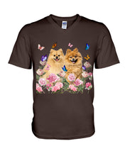 Load image into Gallery viewer, Peonies Garden Butterflies Pomeranian Gift For Dog Lovers Guys V-Neck