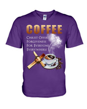 Load image into Gallery viewer, Coffee Christ Offers Forgiveness For Everyone Everywhere Guys V-Neck