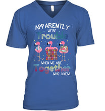 Load image into Gallery viewer, Apparently We're Trouble Pink Flamingo Quilting Together Guys V-Neck