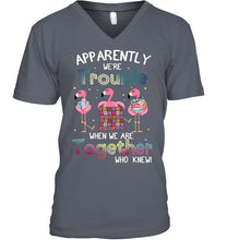 Load image into Gallery viewer, Apparently We're Trouble Pink Flamingo Quilting Together Guys V-Neck