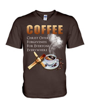 Load image into Gallery viewer, Coffee Christ Offers Forgiveness For Everyone Everywhere Guys V-Neck