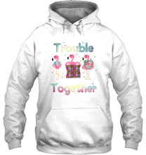 Load image into Gallery viewer, Apparently We're Trouble Pink Flamingo Quilting Together Hoodie