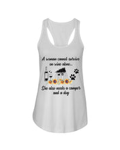 Load image into Gallery viewer, A Woman Cannot Survive On Wine Alone She Also Needs A Camper And A Dog Ladies Flowy Tank