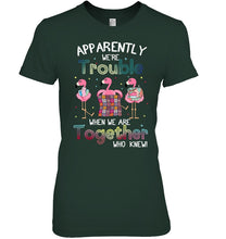 Load image into Gallery viewer, Apparently We're Trouble Pink Flamingo Quilting Together Ladies Tee