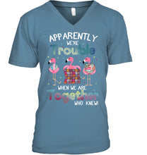 Load image into Gallery viewer, Apparently We're Trouble Pink Flamingo Quilting Together Guys V-Neck