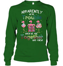 Load image into Gallery viewer, Apparently We're Trouble Pink Flamingo Quilting Together Unisex Long Sleeve