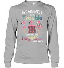 Load image into Gallery viewer, Apparently We're Trouble Pink Flamingo Quilting Together Unisex Long Sleeve