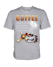 Load image into Gallery viewer, Coffee Christ Offers Forgiveness For Everyone Everywhere Guys V-Neck