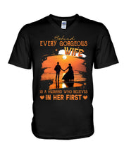 Load image into Gallery viewer, Behind Every Gorgeous Wife Is A Husband Who Believes In Her First Trending Guys V-Neck