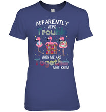 Load image into Gallery viewer, Apparently We're Trouble Pink Flamingo Quilting Together Ladies Tee