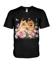 Load image into Gallery viewer, Peonies Garden Butterflies Pomeranian Gift For Dog Lovers Guys V-Neck
