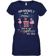Load image into Gallery viewer, Apparently We're Trouble Pink Flamingo Quilting Together Ladies V-Neck