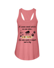 Load image into Gallery viewer, A Woman Cannot Survive On Wine Alone She Also Needs A Camper And A Dog Ladies Flowy Tank