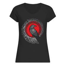 Load image into Gallery viewer, Raven Viking Culture Celtic Design Gray And Red Ladies V-Neck