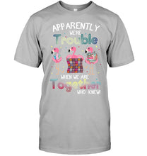 Load image into Gallery viewer, Apparently We're Trouble Pink Flamingo Quilting Together Guys Tee