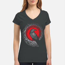 Load image into Gallery viewer, Raven Viking Culture Celtic Design Gray And Red Ladies V-Neck