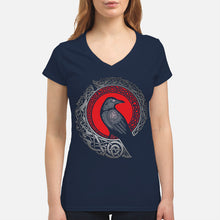 Load image into Gallery viewer, Raven Viking Culture Celtic Design Gray And Red Ladies V-Neck