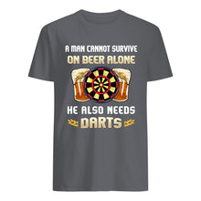 Load image into Gallery viewer, A Man Cannot Survive On Beer Alone He Also Needs Darts Trending Guys Tee