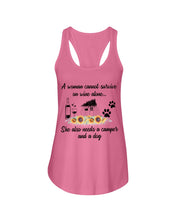 Load image into Gallery viewer, A Woman Cannot Survive On Wine Alone She Also Needs A Camper And A Dog Ladies Flowy Tank