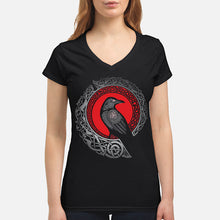 Load image into Gallery viewer, Raven Viking Culture Celtic Design Gray And Red Ladies V-Neck
