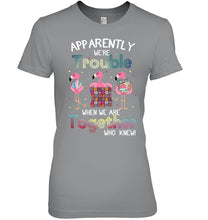 Load image into Gallery viewer, Apparently We're Trouble Pink Flamingo Quilting Together Ladies Tee