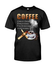 Load image into Gallery viewer, Coffee Christ Offers Forgiveness For Everyone Everywhere Guys Tee
