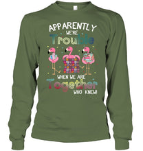 Load image into Gallery viewer, Apparently We're Trouble Pink Flamingo Quilting Together Unisex Long Sleeve
