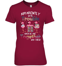 Load image into Gallery viewer, Apparently We're Trouble Pink Flamingo Quilting Together Ladies Tee