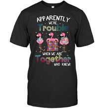 Load image into Gallery viewer, Apparently We're Trouble Pink Flamingo Quilting Together Guys Tee