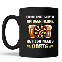 Load image into Gallery viewer, A Man Cannot Survive On Beer Alone He Also Needs Darts Trending Black Mug

