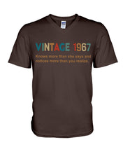 Load image into Gallery viewer, Vintage 1967 Knows More Than She Says And Notices More Than You Realize Guys V-Neck
