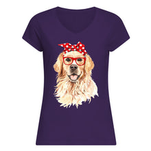 Load image into Gallery viewer, Golden Retriever With Red Polka Dot Ribbon Gift For Dog Lovers Ladies V-Neck
