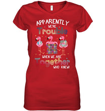 Load image into Gallery viewer, Apparently We're Trouble Pink Flamingo Quilting Together Ladies V-Neck
