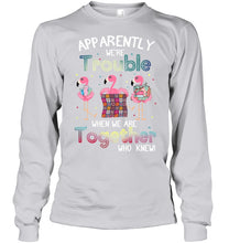 Load image into Gallery viewer, Apparently We're Trouble Pink Flamingo Quilting Together Unisex Long Sleeve
