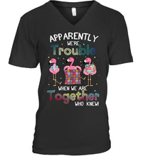 Load image into Gallery viewer, Apparently We're Trouble Pink Flamingo Quilting Together Guys V-Neck
