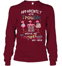 Load image into Gallery viewer, Apparently We're Trouble Pink Flamingo Quilting Together Unisex Long Sleeve
