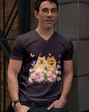 Load image into Gallery viewer, Peonies Garden Butterflies Pomeranian Gift For Dog Lovers Guys V-Neck
