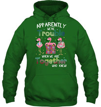 Load image into Gallery viewer, Apparently We're Trouble Pink Flamingo Quilting Together Hoodie
