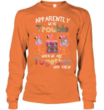 Load image into Gallery viewer, Apparently We're Trouble Pink Flamingo Quilting Together Unisex Long Sleeve
