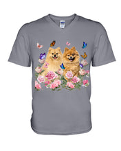 Load image into Gallery viewer, Peonies Garden Butterflies Pomeranian Gift For Dog Lovers Guys V-Neck
