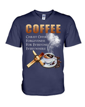 Load image into Gallery viewer, Coffee Christ Offers Forgiveness For Everyone Everywhere Guys V-Neck
