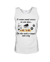 Load image into Gallery viewer, A Woman Cannot Survive On Wine Alone She Also Needs A Camper And A Dog Unisex Tank Top

