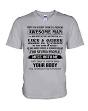 Load image into Gallery viewer, I'm Already Taken By An August Freaking Awesome Man For Birthday Gift Guys V-Neck
