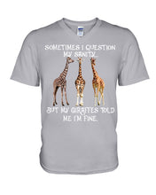 Load image into Gallery viewer, Sometimes I Question My Sanity My Giraffes Told Me I'm Fine Guys V-Neck
