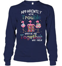 Load image into Gallery viewer, Apparently We're Trouble Pink Flamingo Quilting Together Unisex Long Sleeve
