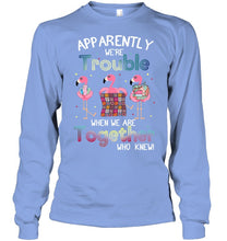 Load image into Gallery viewer, Apparently We're Trouble Pink Flamingo Quilting Together Unisex Long Sleeve
